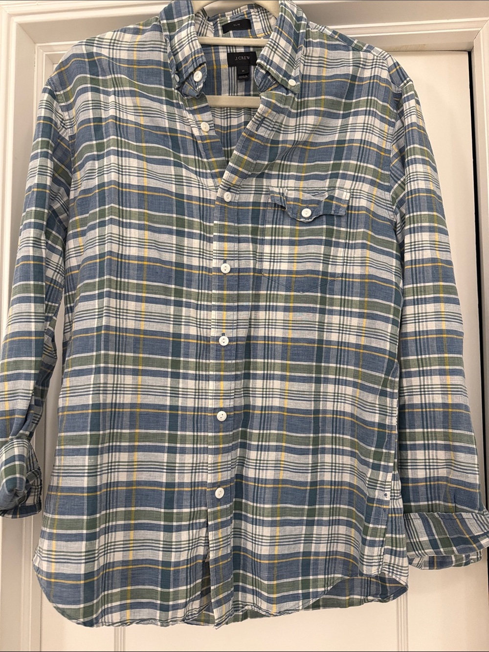 J. Crew Green, Blue & White Plaid linen Button-Down Shirt